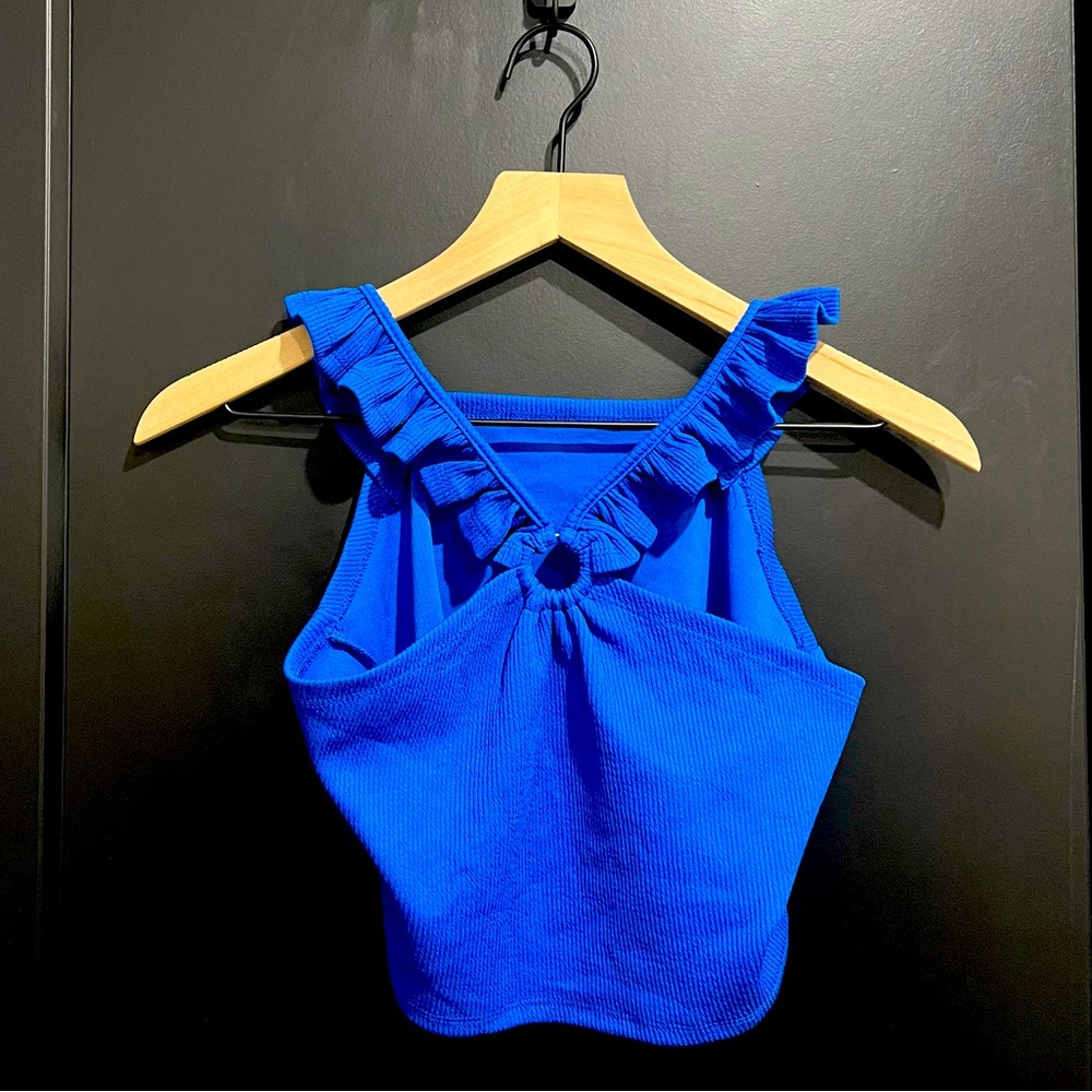 Shein size 11-12Y, Blue, adorable ruffle, ring circle in back, cropped tank top